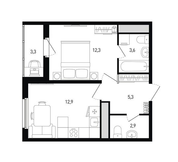 Планировка 1-комн 38,3, 38,6 м²