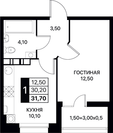 Планировка 1-комн 31,7, 31,9 м²