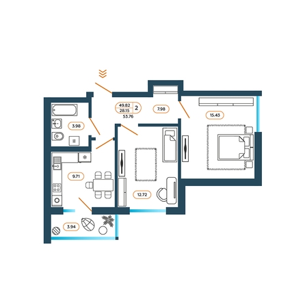 Планировка 2-комн 53,76 м²