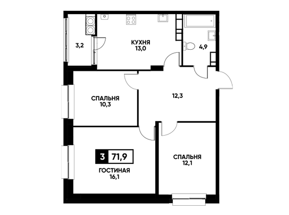 Планировка 3-комн 71,9 м²