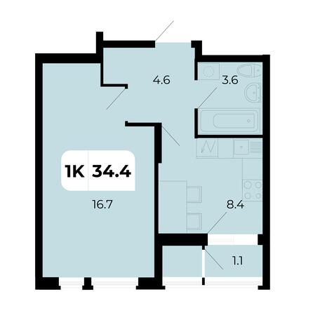 Планировка 1-комн 34,4 м²