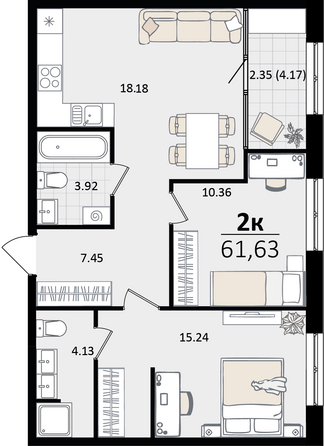 Планировка 2-комн 61,63 м²