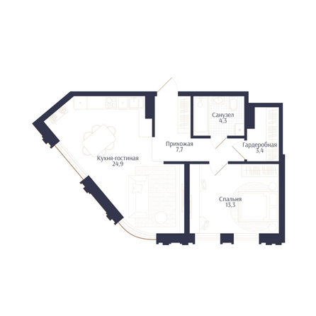 Планировка 1-комн 53,6 м²
