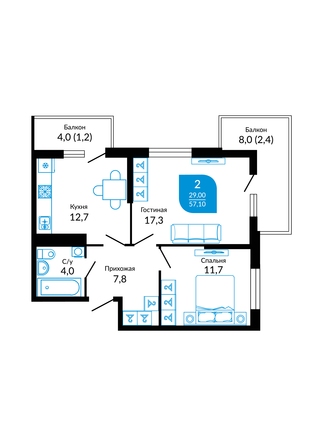Планировка 2-комн 57,1 м²