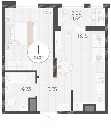 Планировка 1-комн 34,34 м²