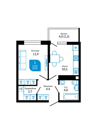 Планировка 1-комн 34,7 м²