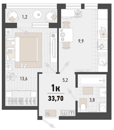 Планировка 1-комн 33,7 м²