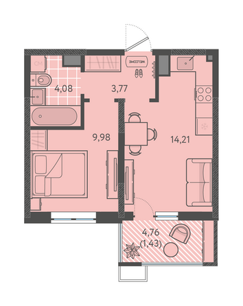 Планировка 1-комн 33,47 м²
