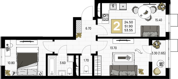 Планировка 2-комн 52,95 м²