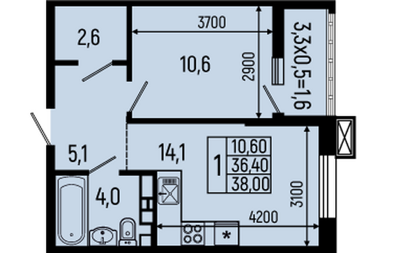 Планировка 1-комн 38 - 38,5 м²
