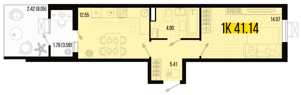 Планировка 1-комн 41,14 м²