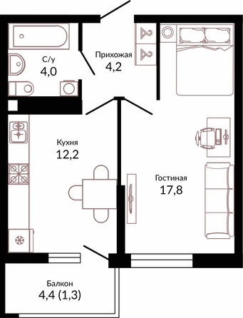Планировка 1-комн 39,5 м²
