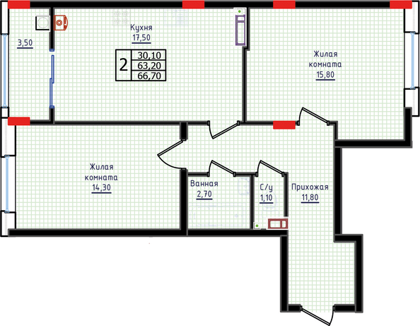 Планировка 2-комн 66,7 м²
