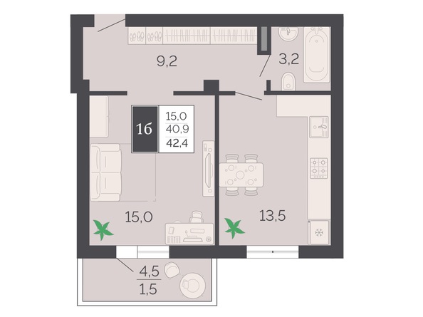 Планировка 1-комн 42,4 м²