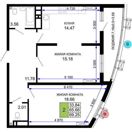 Планировка 2-комн 69,25 м²
