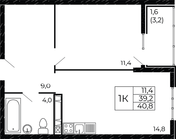 Планировка 1-комн 40,8 м²