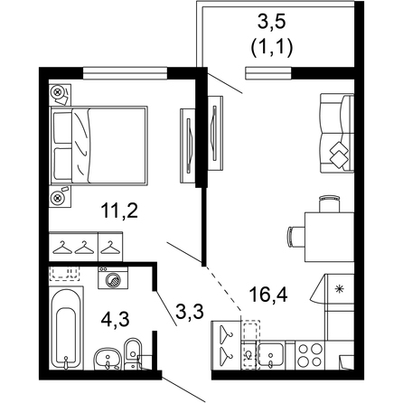 Планировка 1-комн 36,3 м²