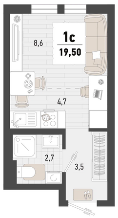 Планировка 1-комн 19,5 м²
