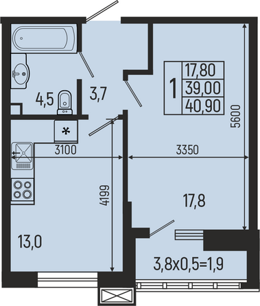 Планировка 1-комн 40,9 м²