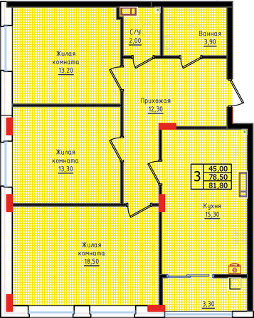 Планировка 3-комн 81,8 м²