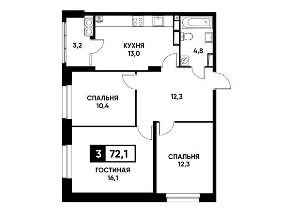 Планировка 3-комн 72,1 м²