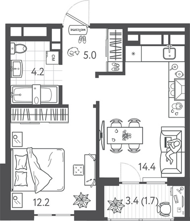 Планировка 1-комн 37,5 м²
