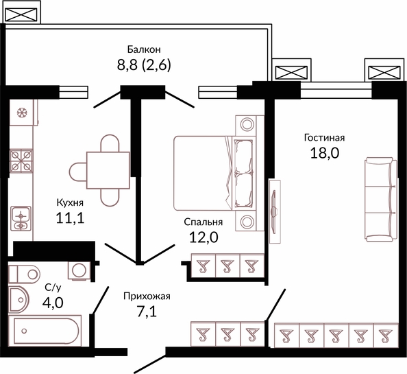 Планировка 2-комн 54,8 м²