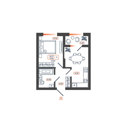 Планировка 1-комн 37,2, 37,45 м²