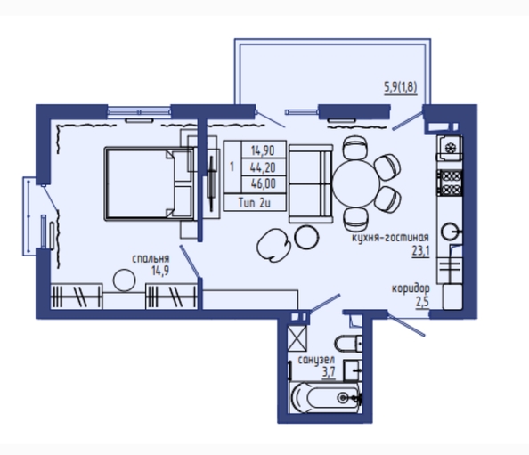Планировка 2-комн 46 м²