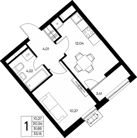 Планировка 1-комн 33,15 - 33,31 м²