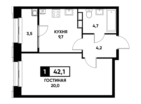 Планировка 1-комн 42,1 м²