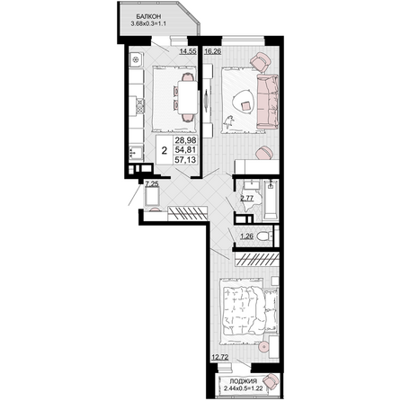Планировка 2-комн 57,13 м²