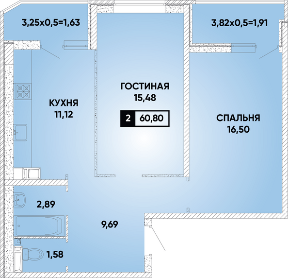 Планировка 2-комн 60,8 м²