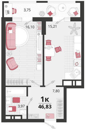 Планировка 1-комн 46,83 м²