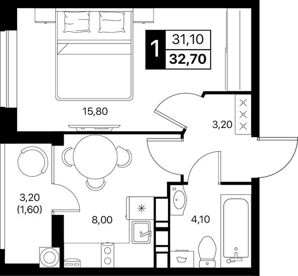 Планировка 1-комн 32,7, 33,1 м²