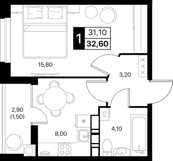 Планировка 1-комн 33,7, 33,9 м²