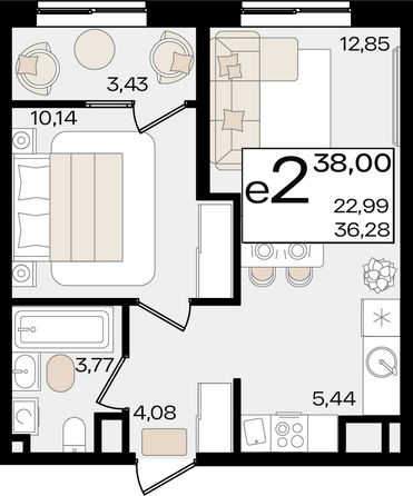Планировка 2-комн 38 м²