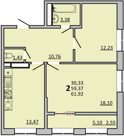 Планировка 2-комн 61,75 м²