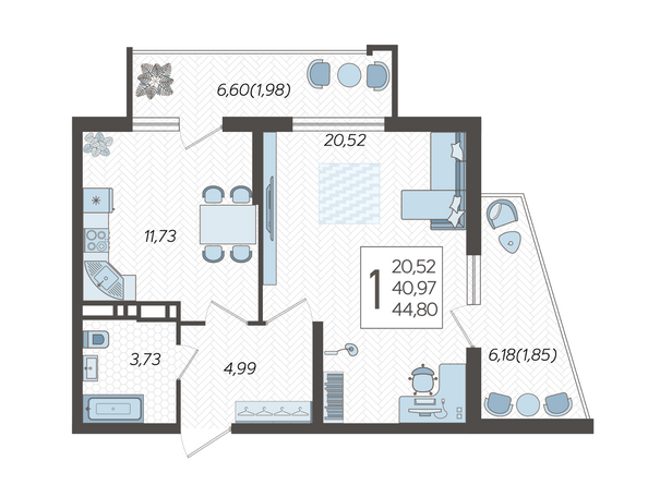 Планировка 1-комн 44,8 м²