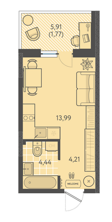 Планировка Студия 24,43 м²