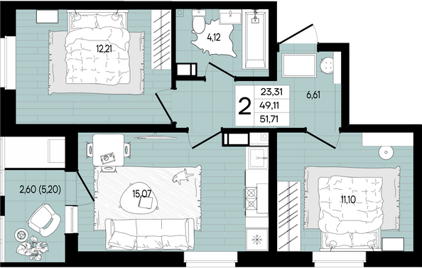 Планировка 2-комн 51,71 м²