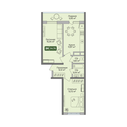 Планировка 2-комн 54,76 м²