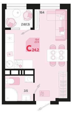 Планировка 1-комн 24,2 м²