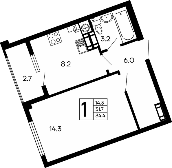 Планировка 1-комн 34,4 м²