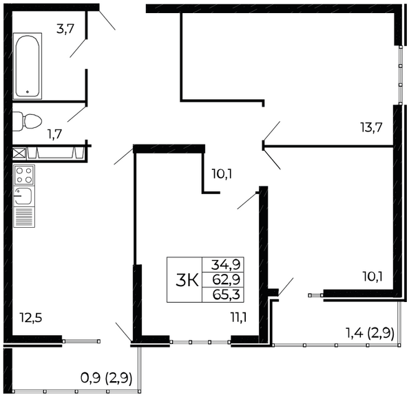 Планировка 3-комн 65,3 м²