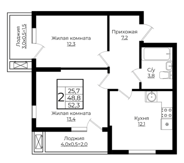 Планировка 2-комн 52,3 м²