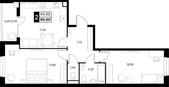 Планировка 2-комн 66,6 м²