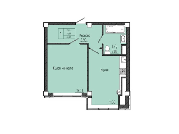 Планировка 1-комн 40,29 м²