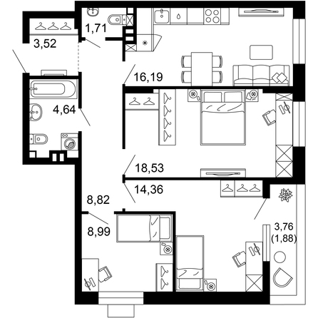 Планировка 3-комн 78,63 м²