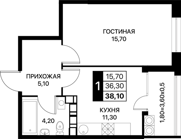 Планировка 1-комн 38,1, 38,4 м²